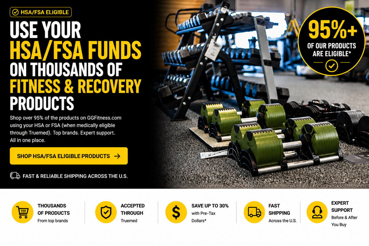 Gronk Fitness HSA/FSA promotional banner featuring adjustable dumbbells in a fitness showroom, highlighting HSA/FSA-eligible fitness and recovery products, over 95% product eligibility, and savings of up to 30% with pre-tax dollars.