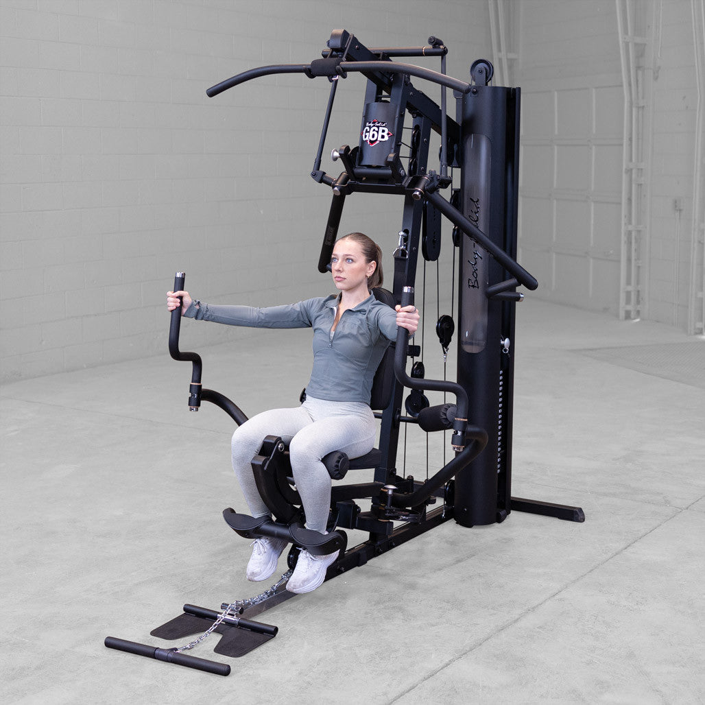 Body-Solid G6B Bi-Angular gym — weight stack and shroud