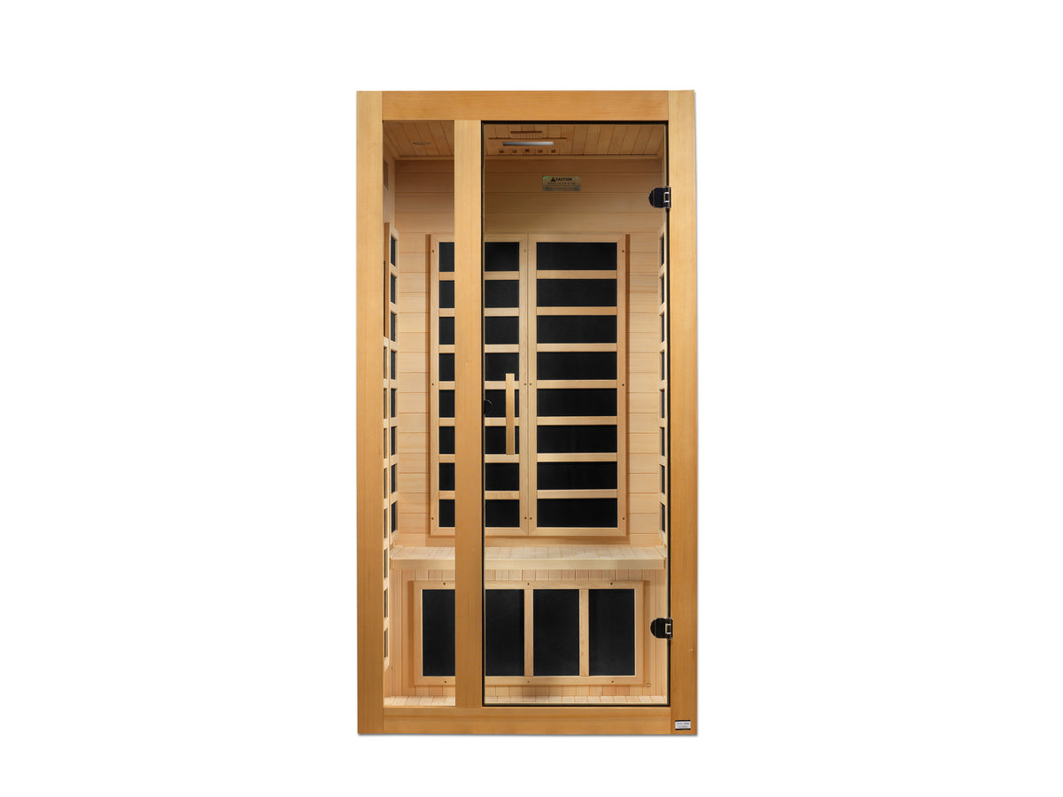 Front view with the door closed and the bench and heater panels visible through the glass