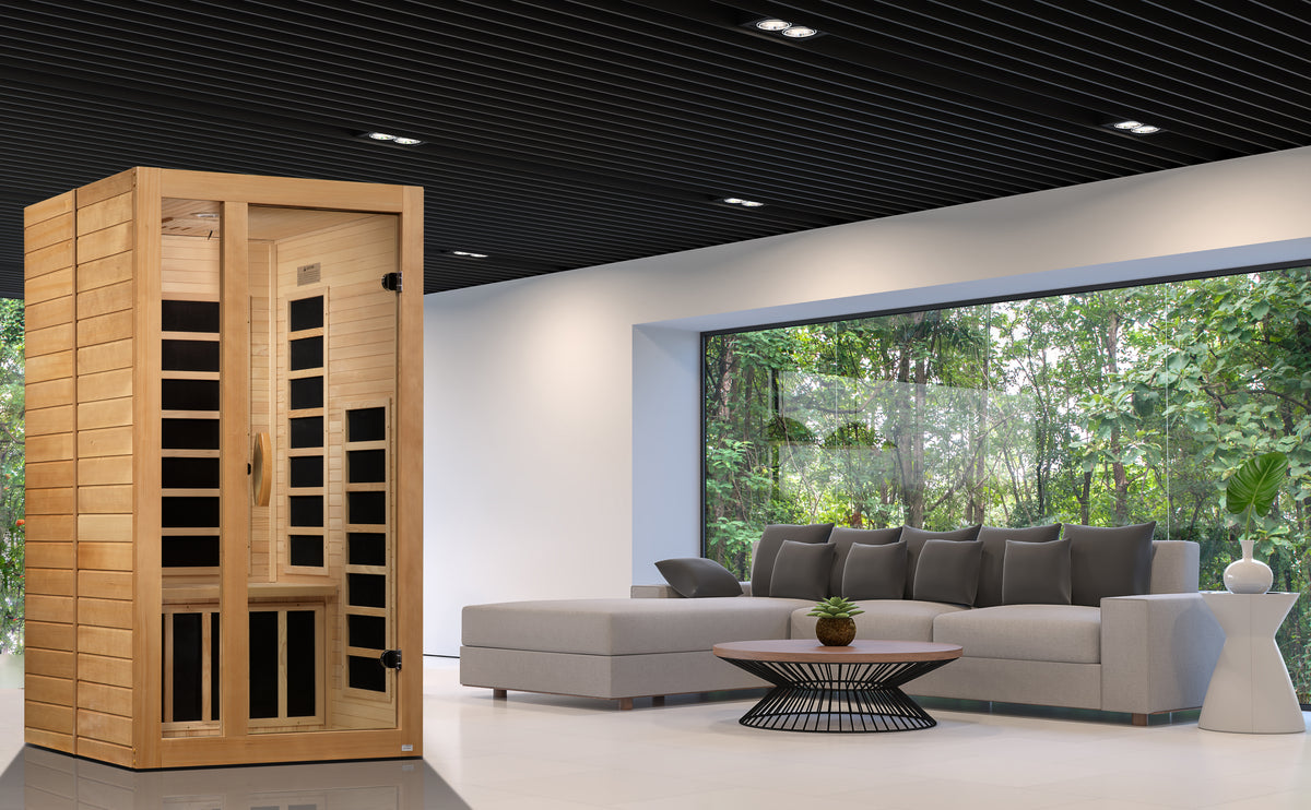 Sauna set in a modern living room next to floor-to-ceiling windows