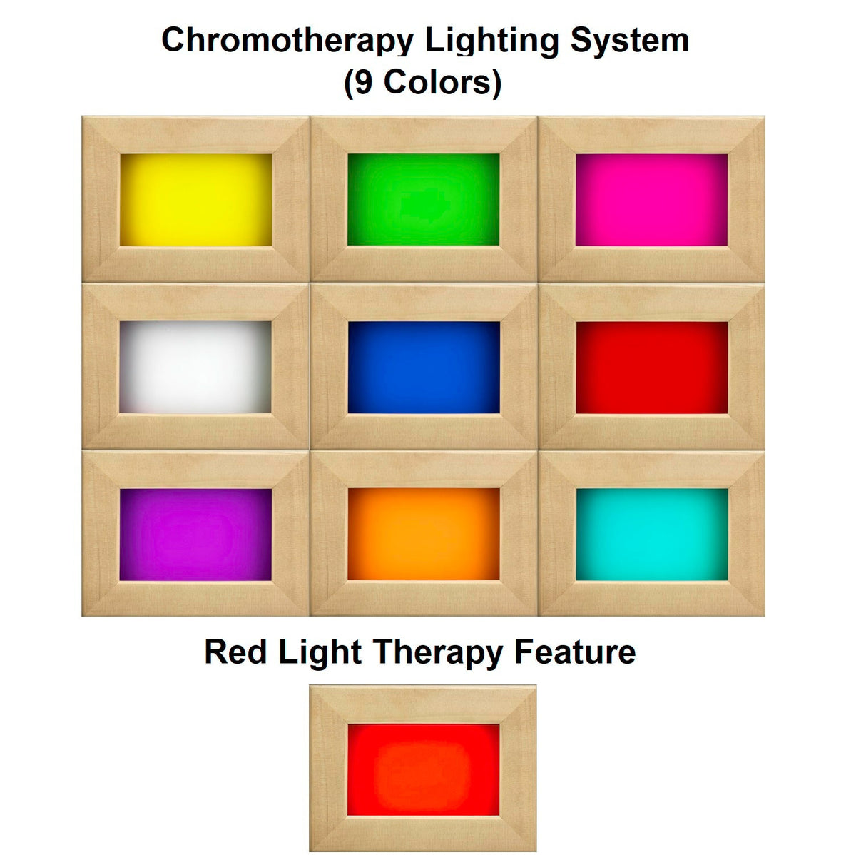 Chromotherapy lighting chart showing nine colors plus the red light therapy setting