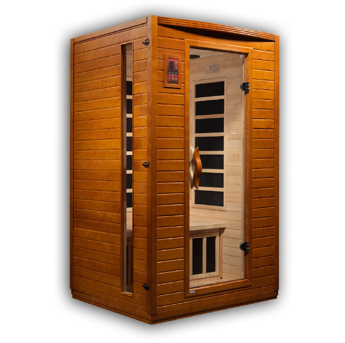 Two person hemlock far infrared sauna with glass door, angled left