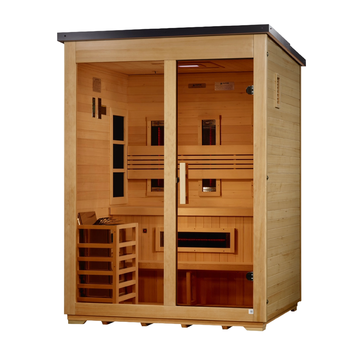 Three person hybrid outdoor sauna in hemlock with glass front and flat roof, angled left