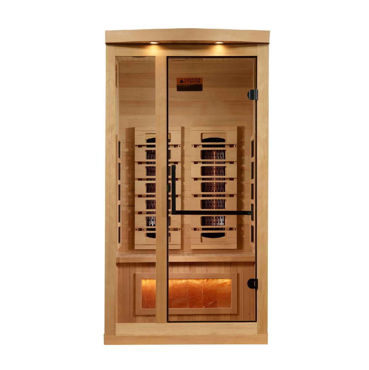 Front view through the glass door showing the heaters and salt bar under the bench