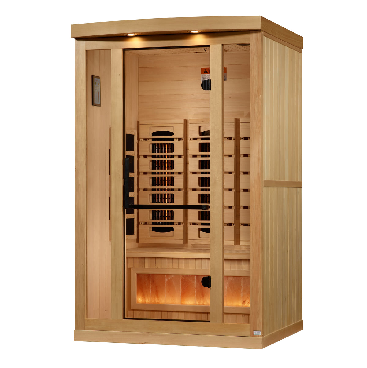 Two person full spectrum sauna in hemlock with glass door and lit Himalayan salt bar