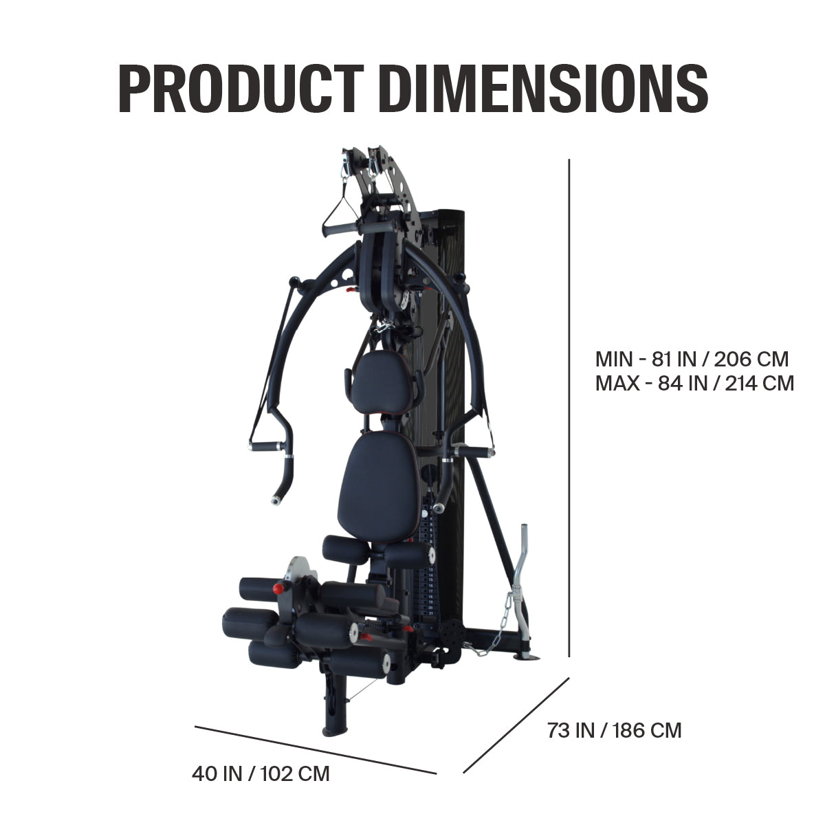 Inspire M3 Multi Gym with product dimensions labeled