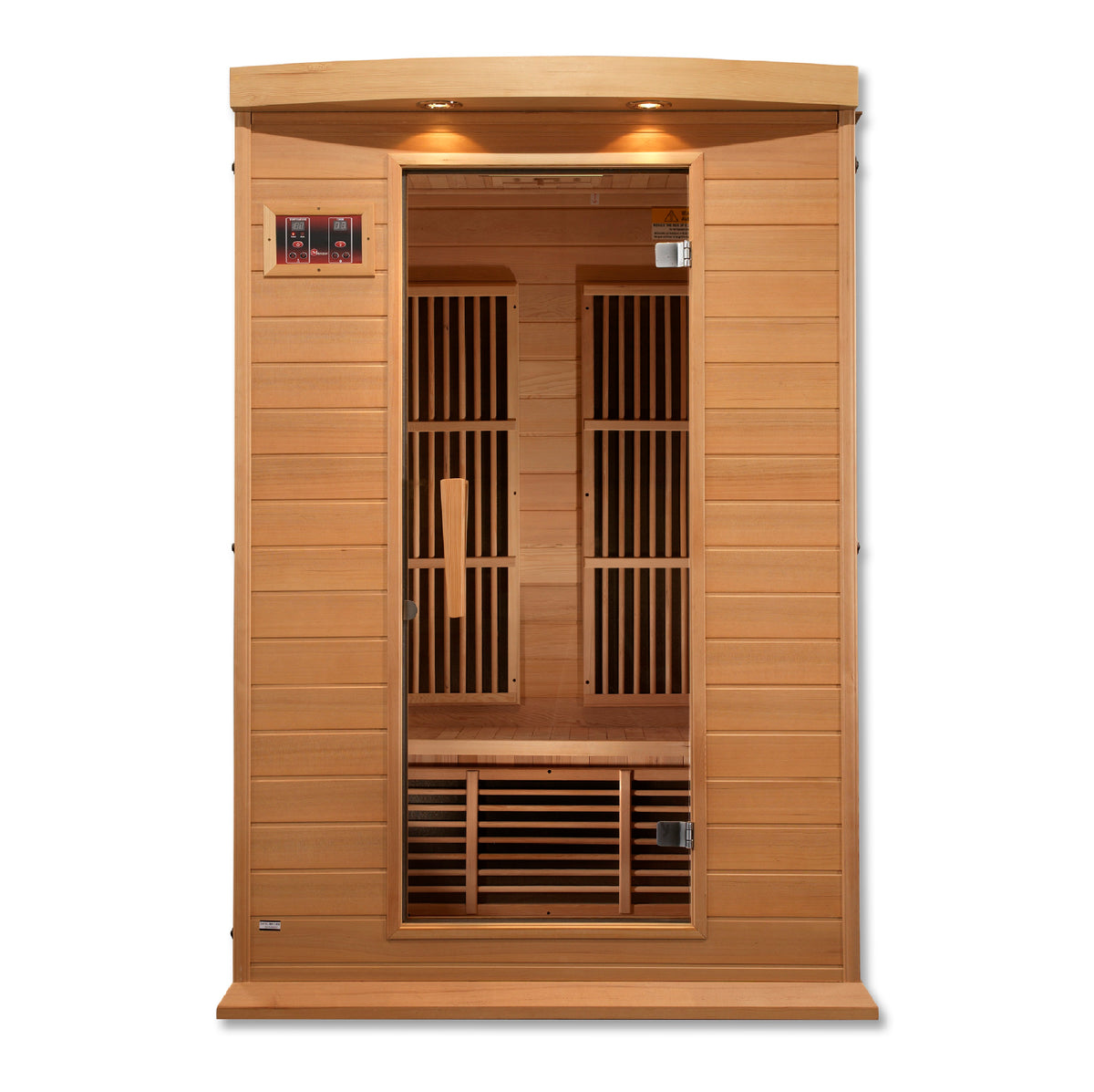 Front view through the glass door showing the bench and back-wall heaters