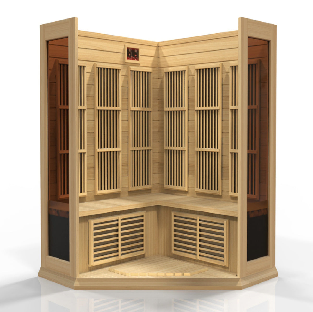 Front removed to show the corner bench and back-wall heaters
