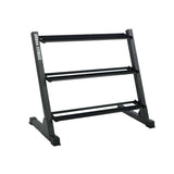 Gronk Fitness 3-tier dumbbell rack loaded with hex dumbbells — angle view