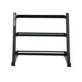 Gronk Fitness 5–50 lb rubber hex dumbbell set on the 3-tier saddle-rail rack — front view