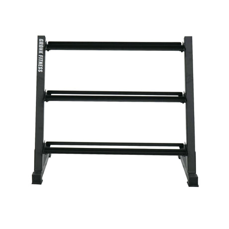 Gronk Fitness 5–50 lb rubber hex dumbbell set on the 3-tier saddle-rail rack — front view