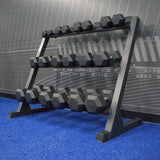 Gronk Fitness hex dumbbell set and 3-tier rack — side profile