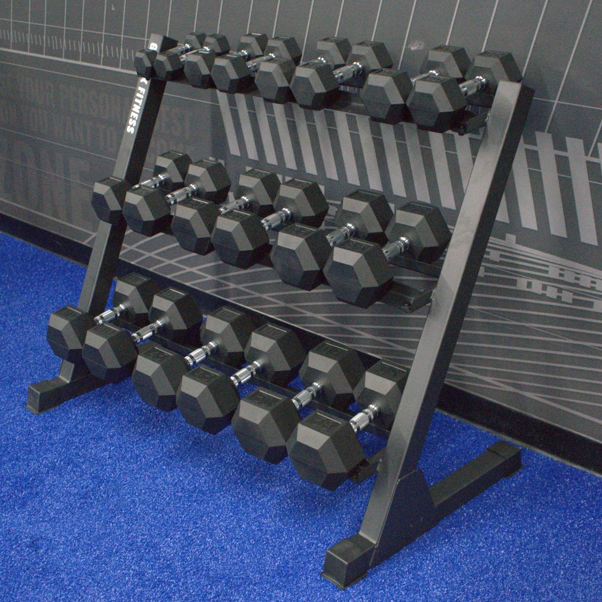 Gronk Fitness 3-tier dumbbell rack — high-angle loaded view