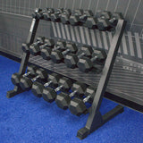 Gronk Fitness 3-tier dumbbell rack — high-angle loaded view