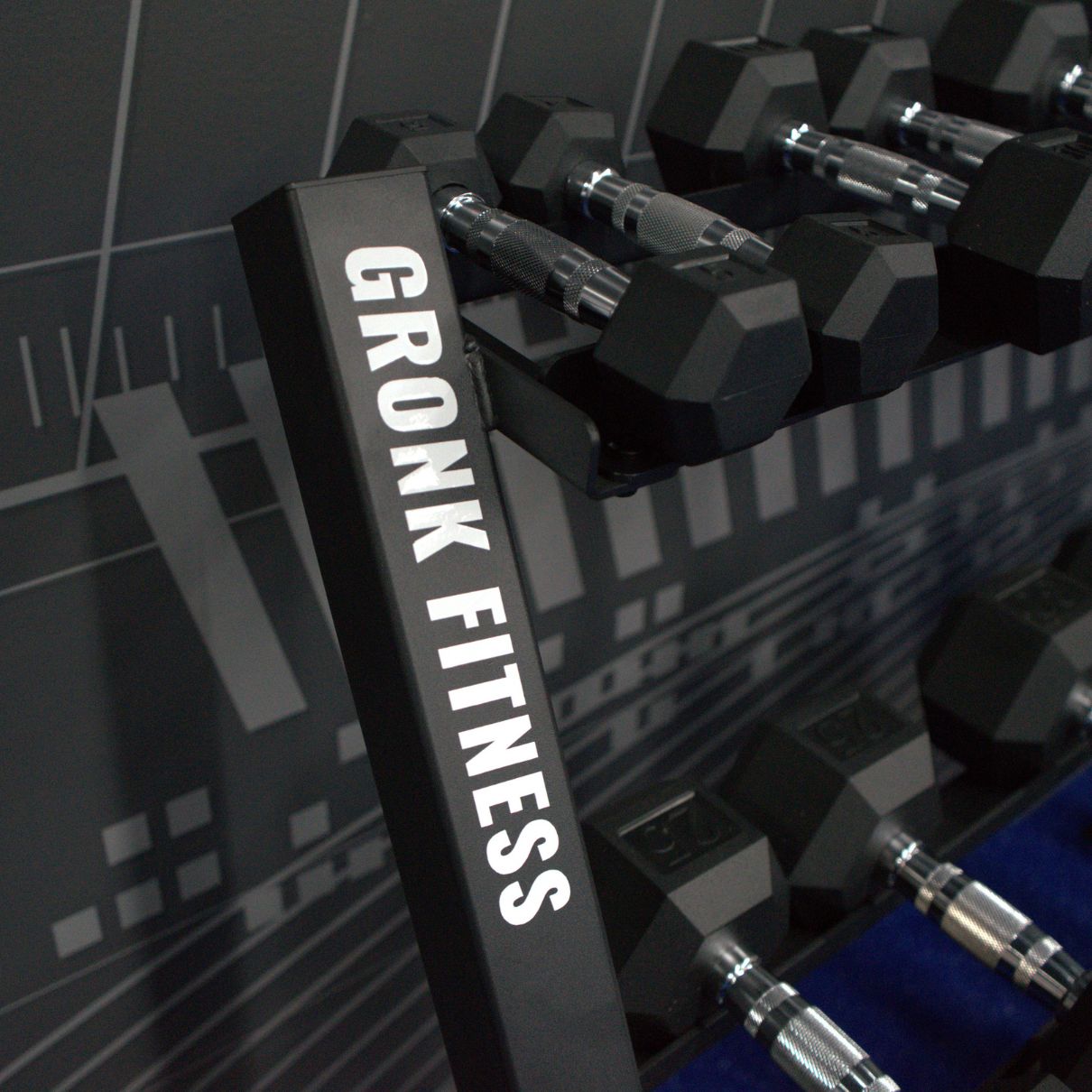 Gronk Fitness 3-tier dumbbell rack — close view of loaded tiers