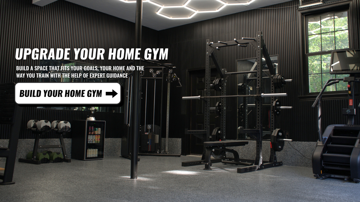 “Home gym with premium fitness equipment, encouraging customers to schedule an In-Home Fitness Consultation with G&G Fitness Equipment.”