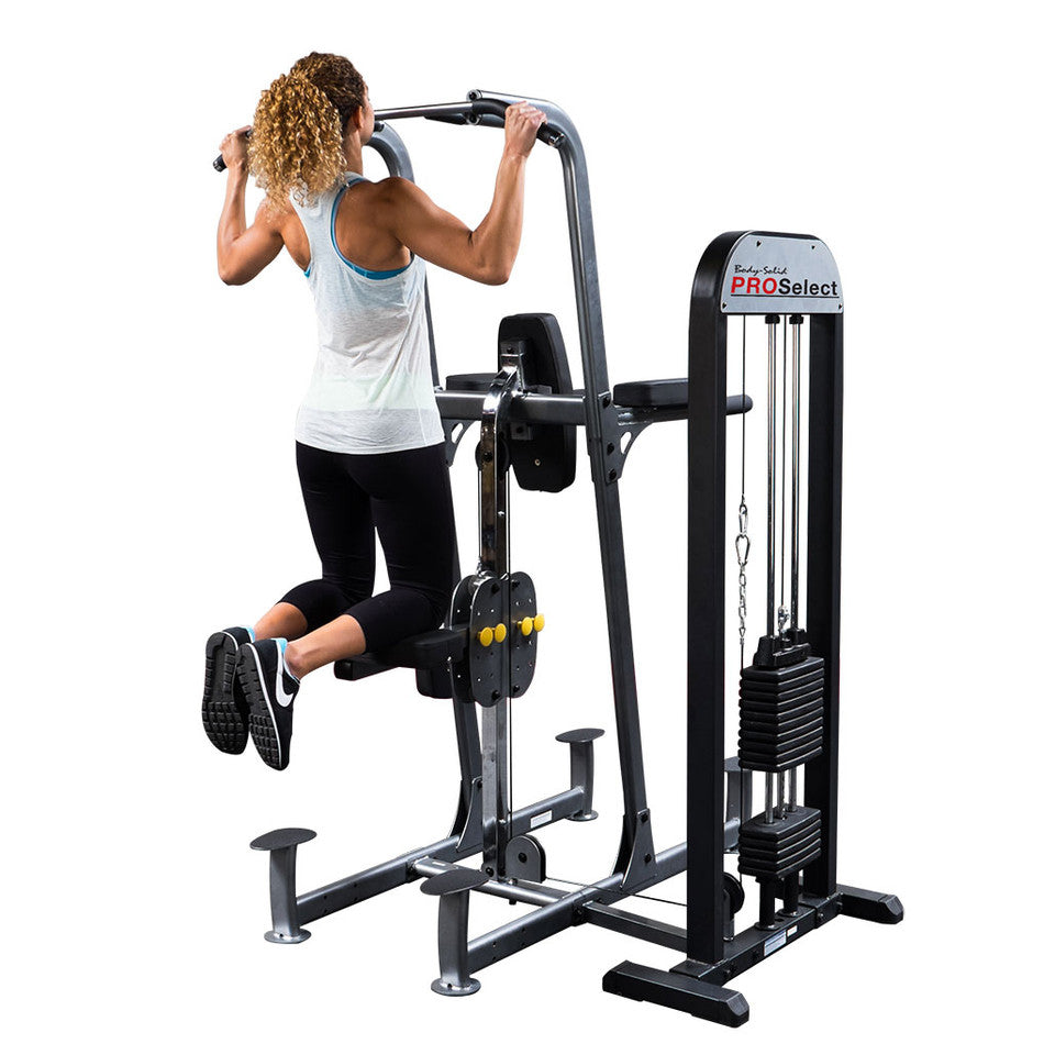 Body Solid FCD-STK Pro Select Weight Assist Chin-Up Dip Body Solid Selectorized, single stack, assembly required FCD-STK-Cutout-Female-2015__54169.1735662094_818caa13-8756-41ab-be9f-3f88716830f3