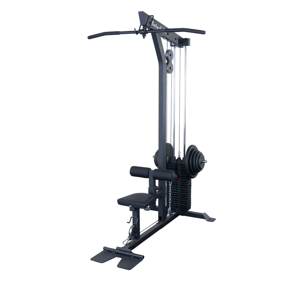 Body-Solid GLM85B Pro Lat/Low Row Machine — rear-angle view of weight horn and pulley stack