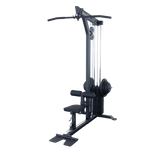Body-Solid GLM85B Pro Lat/Low Row Machine — rear-angle view of weight horn and pulley stack