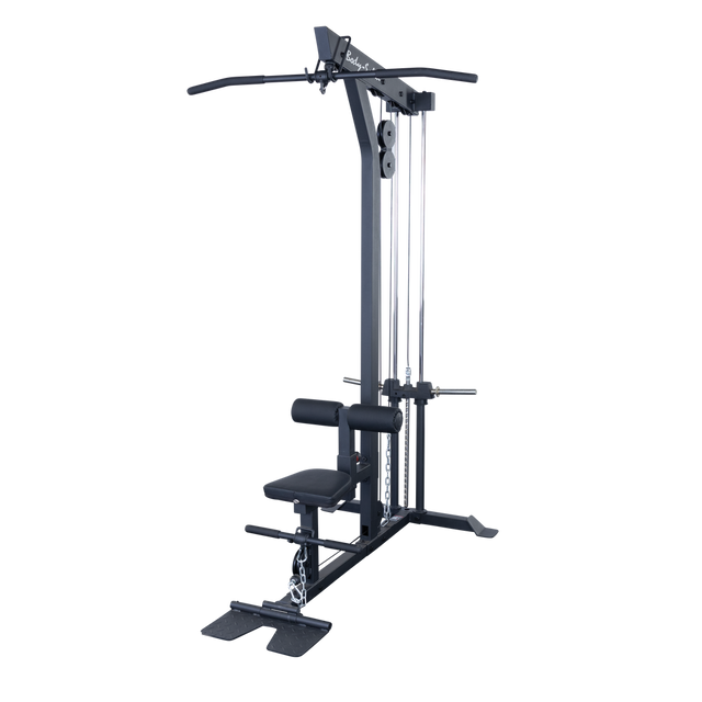 Body-Solid GLM85B Pro Lat/Low Row Machine — front three-quarter view with plate-loaded weight horn