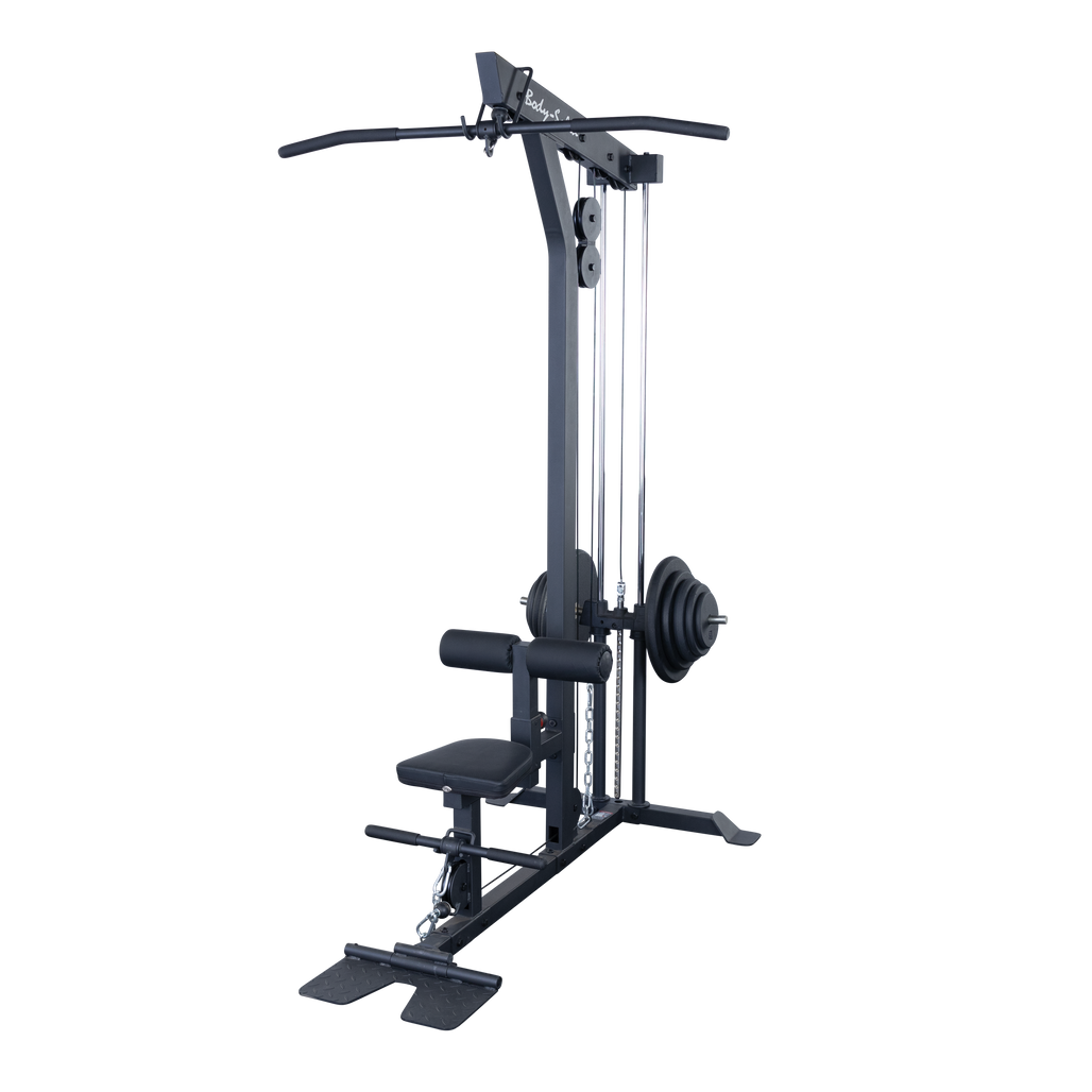 Body-Solid GLM85B Pro Lat/Low Row Machine — side angle view showing loaded weight plates