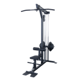Body-Solid GLM85B Pro Lat/Low Row Machine — side angle view showing loaded weight plates