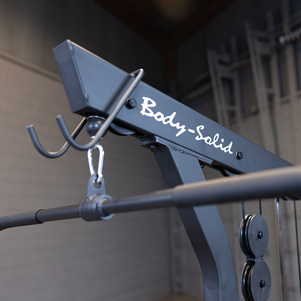 Body-Solid GLM85B lat bar mount and pulley detail close-up
