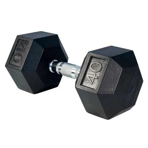 Gronk Fitness rubber hex dumbbell — close-up of hex head and chrome handle