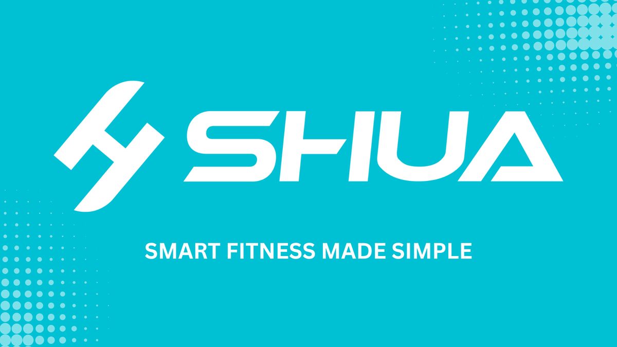 SHUA fitness equipment logo on a turquoise background with the tagline “Smart Fitness Made Simple.”