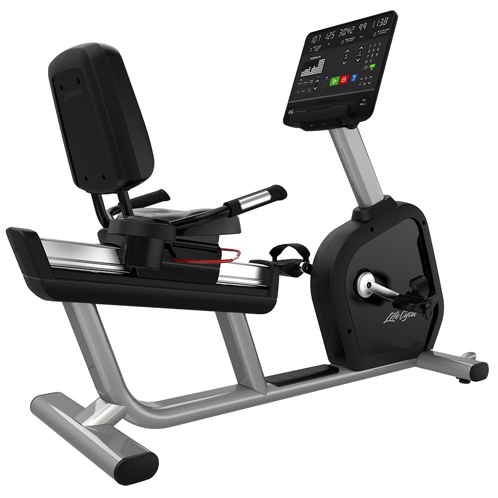 Arctic Silver Aspire recumbent bike in three-quarter view with a reclined backrest seat, side handrails, and the SL Console on its mast