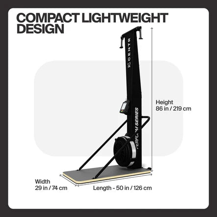 Centr Perform Series ski base dimensions: 50 inches long, 29 inches wide, with the 86 inch tall machine mounted