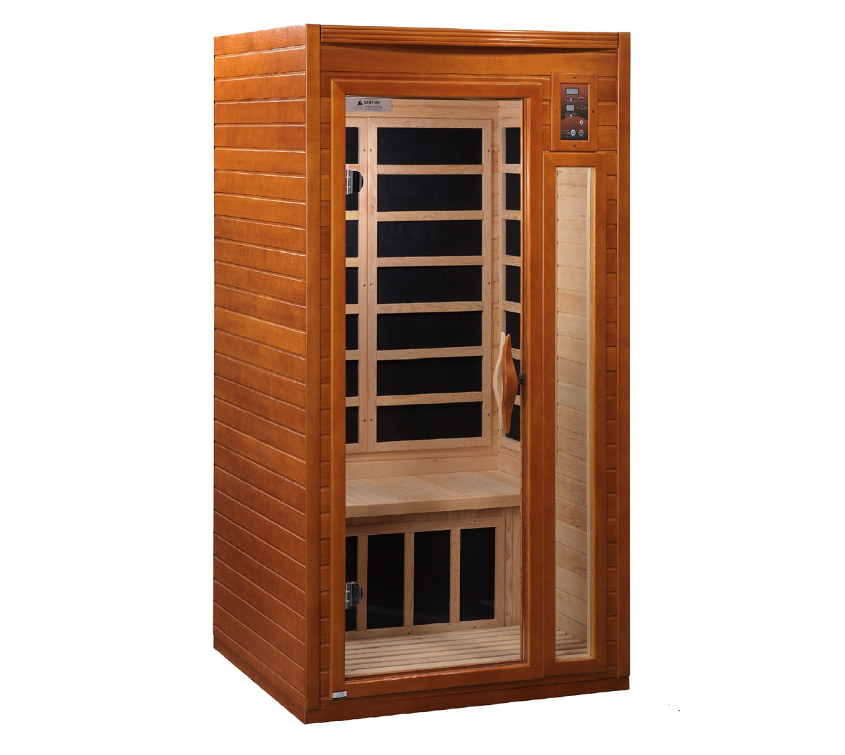 Canadian hemlock 1-2 person far infrared sauna in a warm finish, angled right