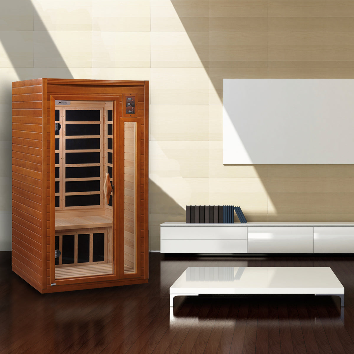 Sauna standing in a bright modern room beside a low white console