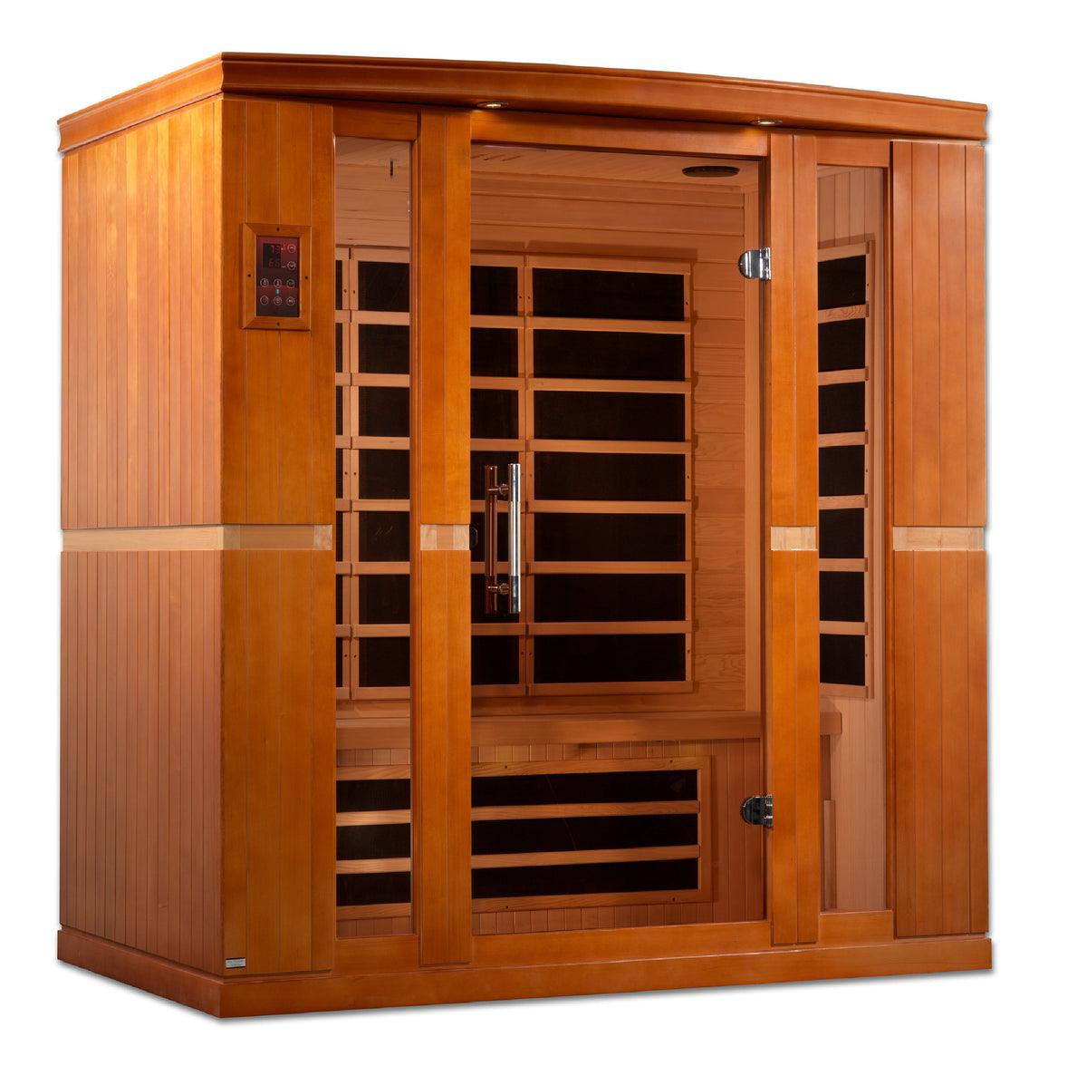 Four person hemlock far infrared sauna with a wide glass door, angled right