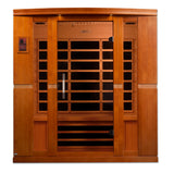 Front view showing the full-width bench through the glass