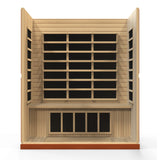 Open interior with back-wall heaters above a full-width bench