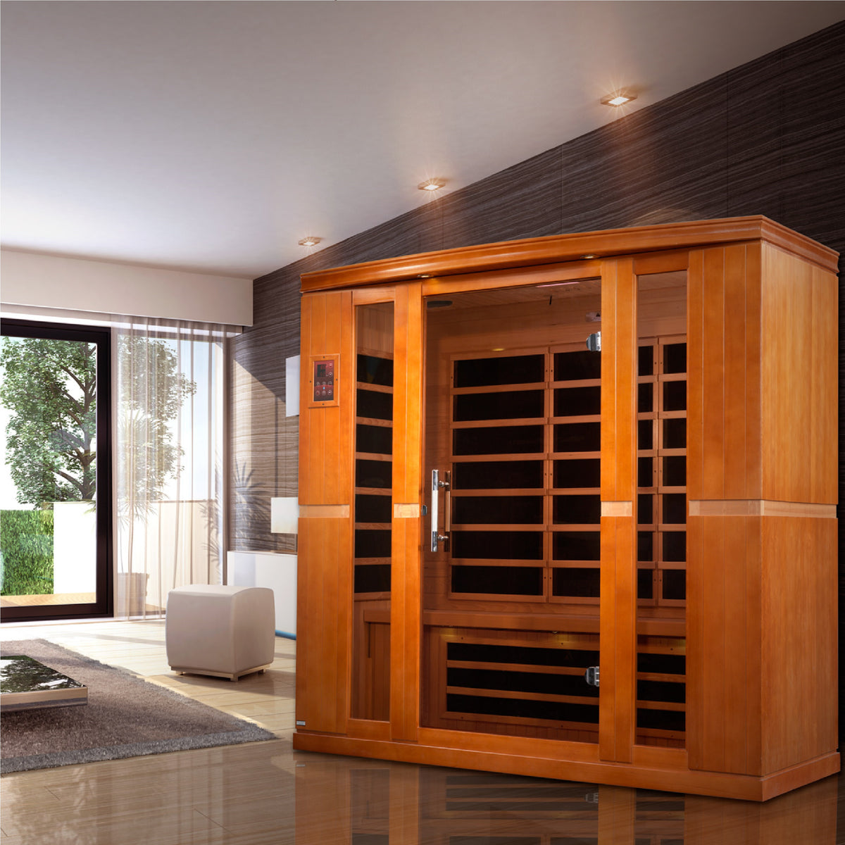 Sauna in a bright living space with large windows behind it
