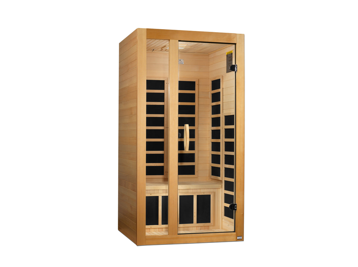 Light hemlock 1-2 person far infrared sauna with tempered glass door, angled left