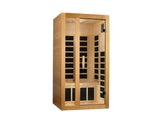 Light hemlock 1-2 person far infrared sauna with tempered glass door, angled left