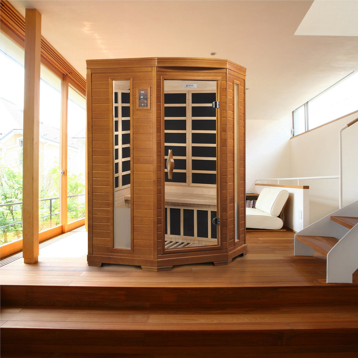 Corner sauna set in a sunlit room with wood floors