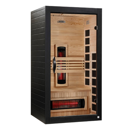Black-framed 1-2 person sauna with glass front, hemlock interior and red full spectrum heaters