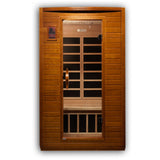 Front view showing the glass door, bench and back-wall heaters