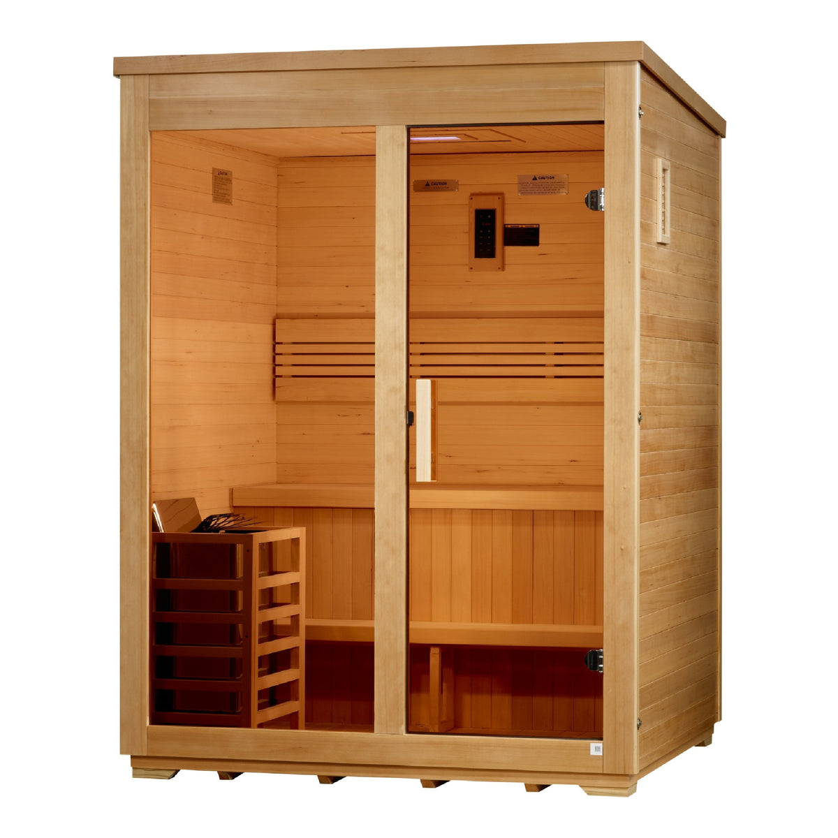 Three person traditional outdoor sauna in hemlock with glass front and flat roof, angled left