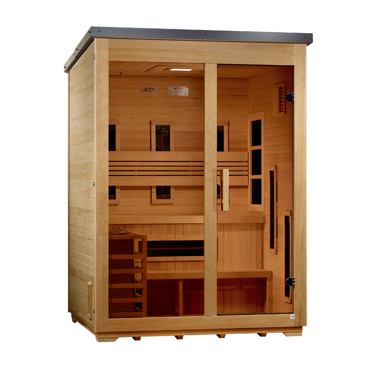 Angled view of the hybrid cabin showing the bench, infrared heaters and stove guard
