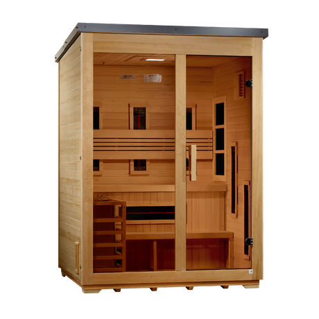 Angled view of the hybrid cabin showing the bench, infrared heaters and stove guard