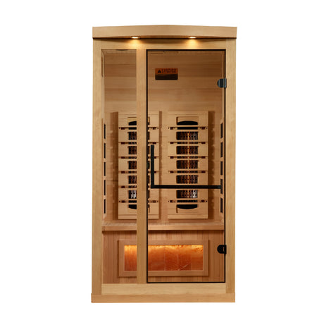 Front view through the glass door showing the heaters and salt bar under the bench