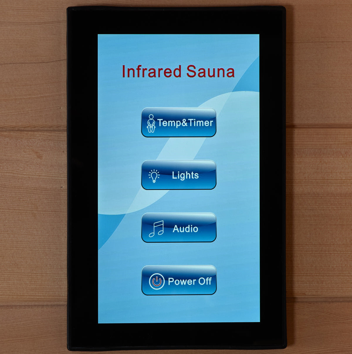 Touchscreen control panel with temperature, lights and audio buttons