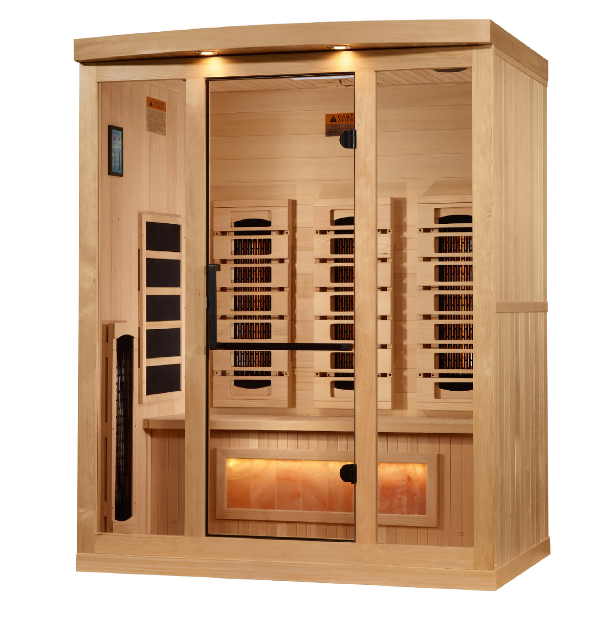 Three person full spectrum sauna in hemlock with glass door and lit Himalayan salt bar