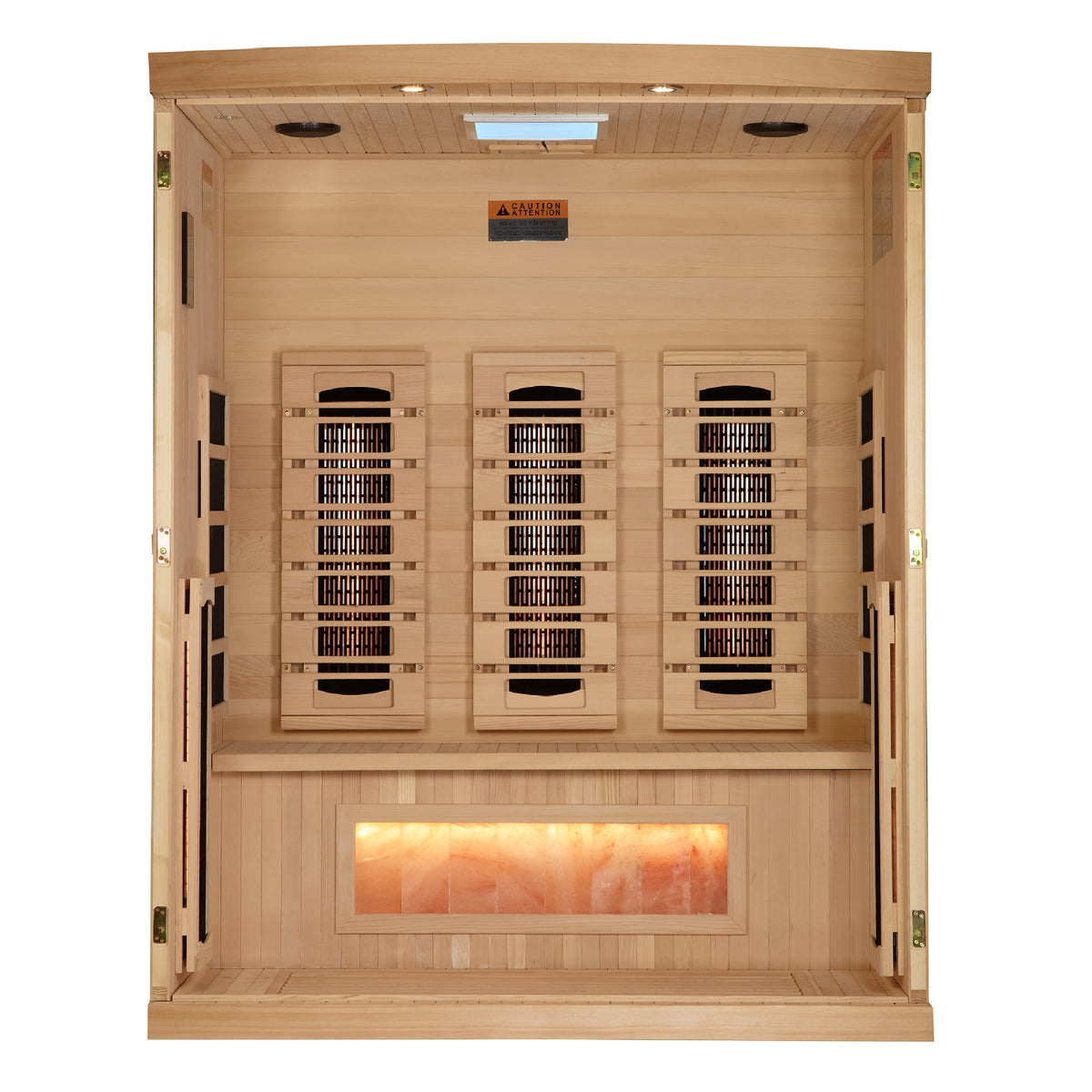 Front removed to show the wide bench, back-wall heaters and salt bar