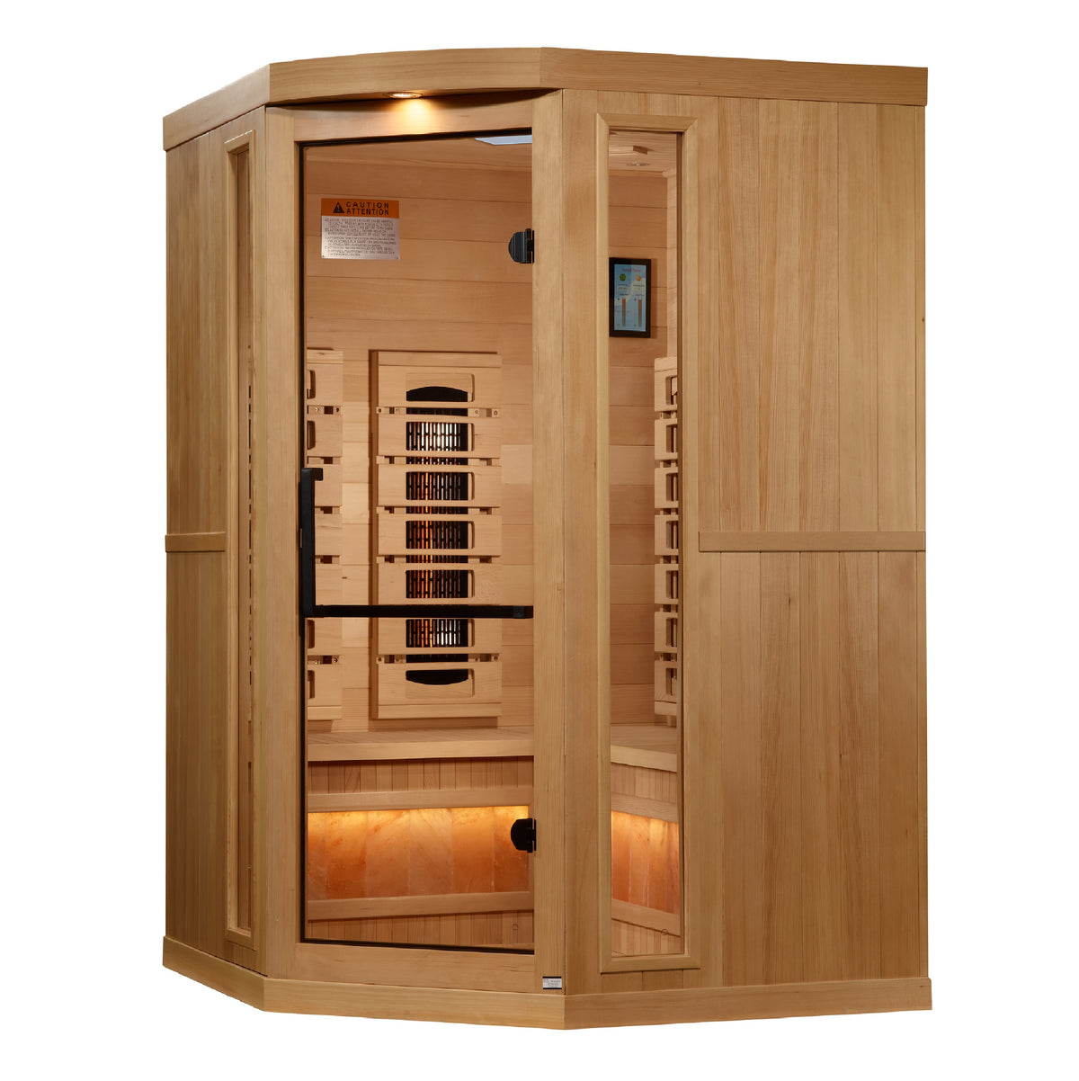 Three person corner full spectrum sauna in hemlock with angled glass door